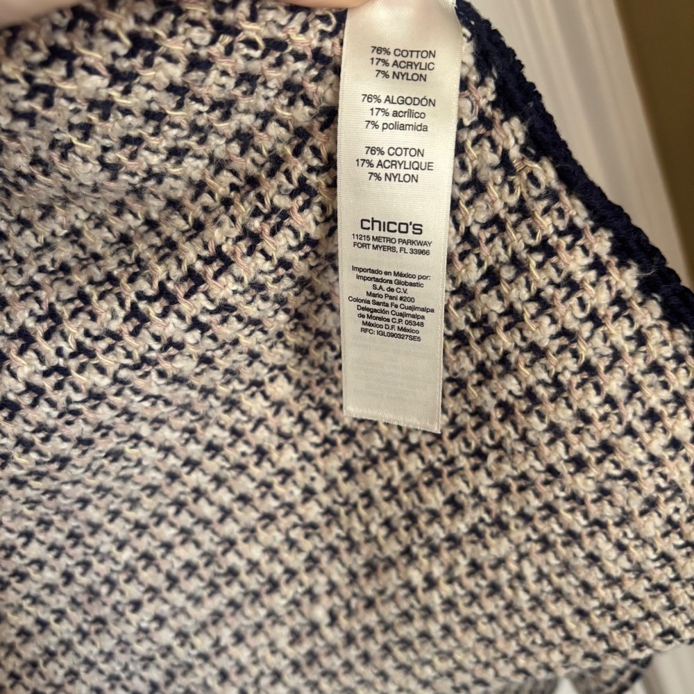 Chicos Geometric Fringe Open Front Cardigan Jacket Navy Cream Size 2 Large - Picture 4 of 5